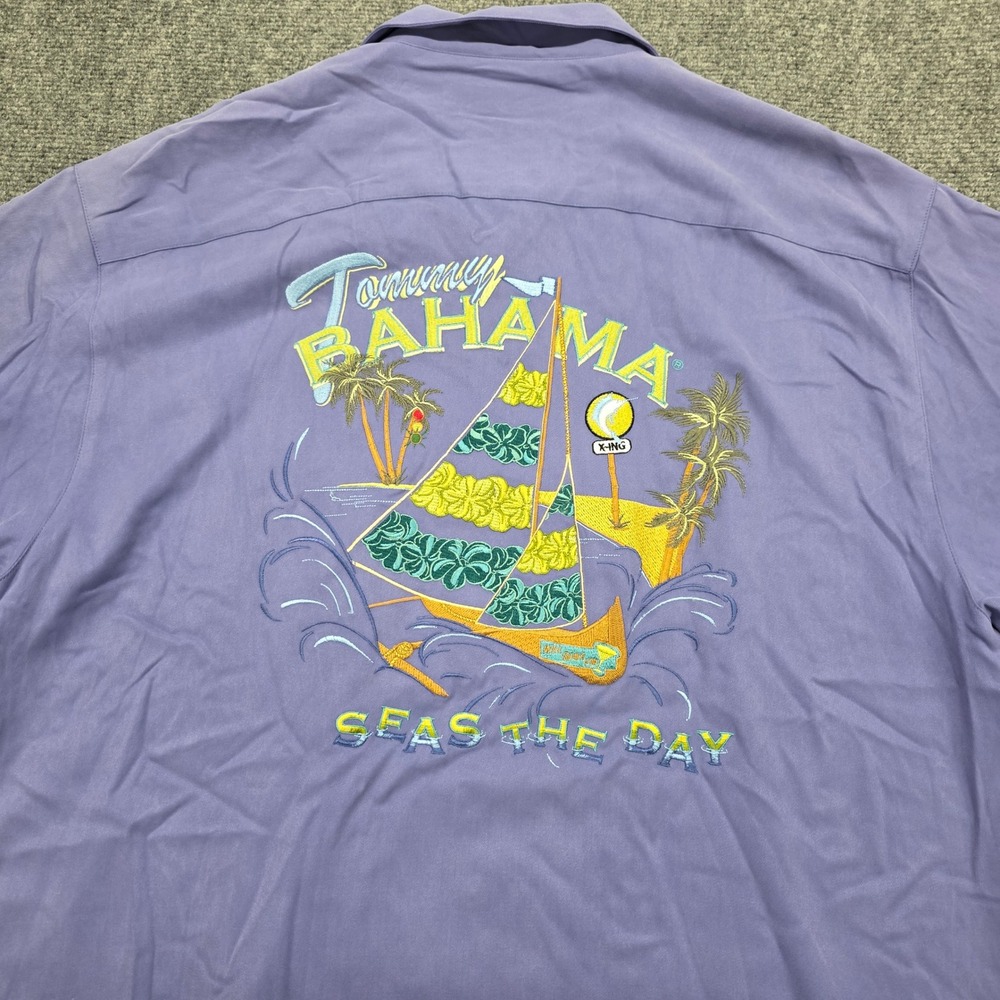 Tommy Bahama Seas The Day Silk Embroidered Camp Shirt Purple Mens Large L